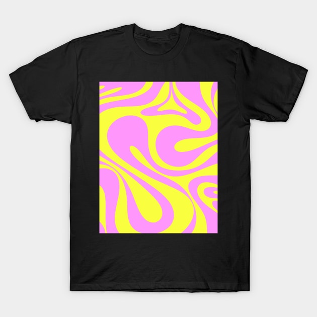 Vivid Mod Swirl Retro Abstract Pattern Neon Yellow and Pink T-Shirt by KierkegaardDesignStudio